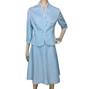 Vintage 60s Blue Rick-Rack Trim Jacket and A-Line Skirt Suit Set XS/S/M